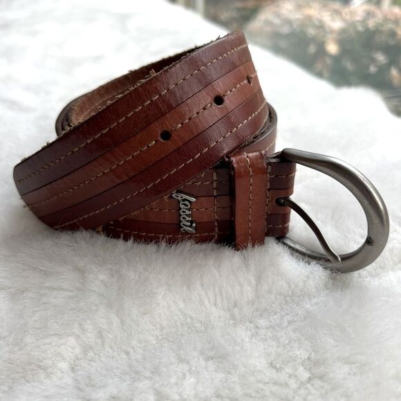 Men’s Fossil Brown Leather Belt Sz L 42.5” - Picture 8 of 13